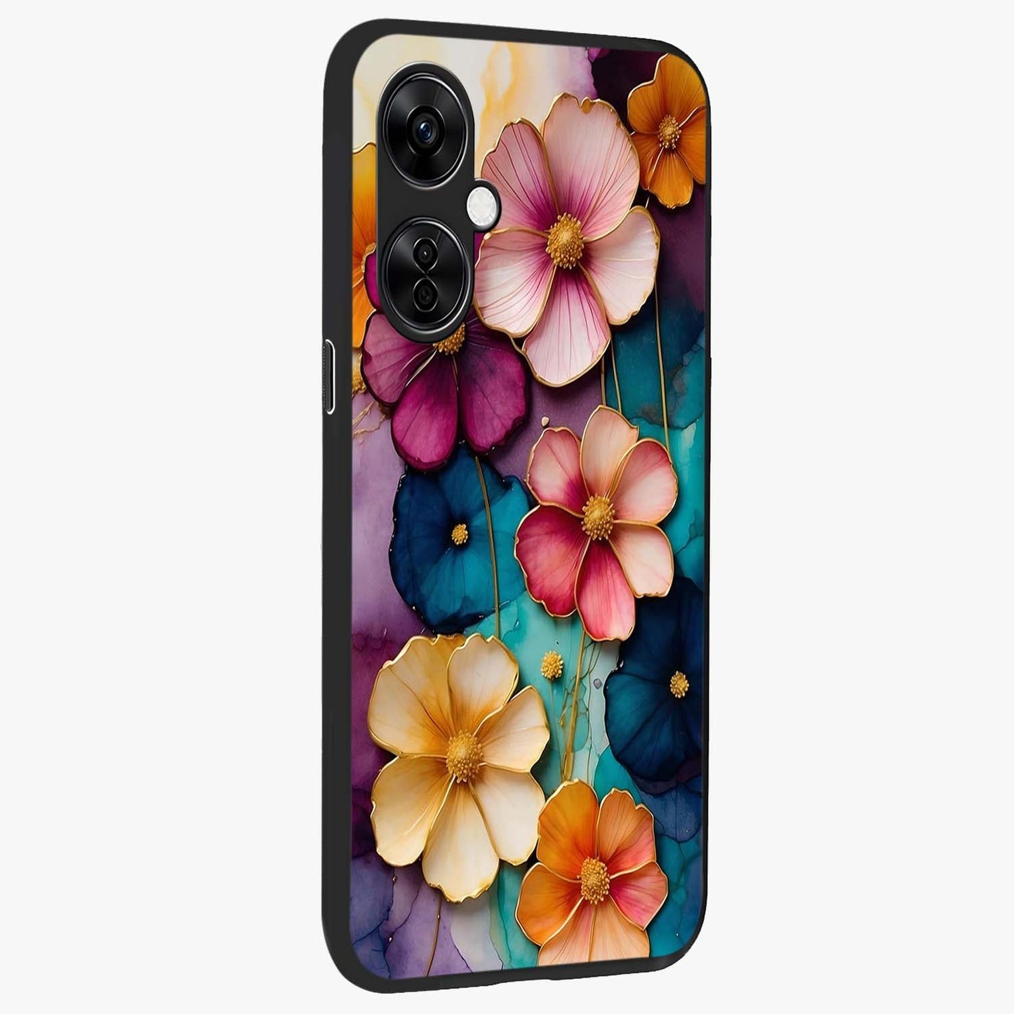 Artlyn Grace Flower Pattern Glass Case for 1+Nord CE 3 Lite side perspective highlighting premium edges and delicate floral design
