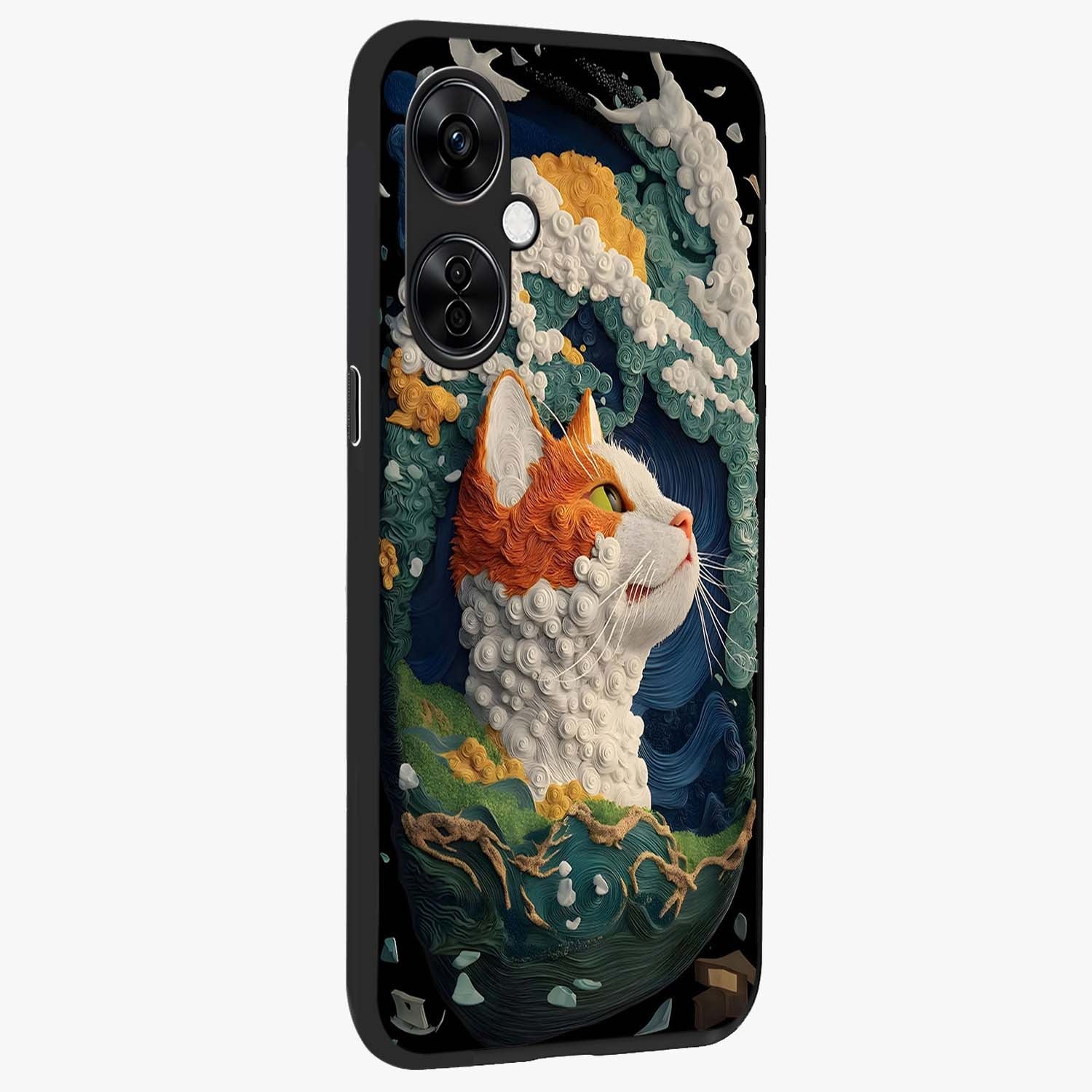 Aurora Cat Dreams Glass Case for 1+Nord CE 3 Lite side perspective highlighting detailed feline illustration and smooth edges
