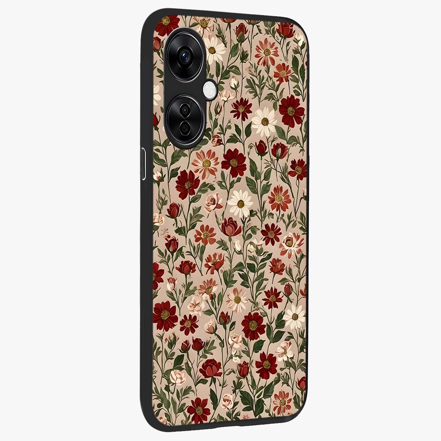 Biege Flower With Leaf Glass Case for 1+Nord CE 3 Lite side perspective highlighting subtle tones and elegant flower texture