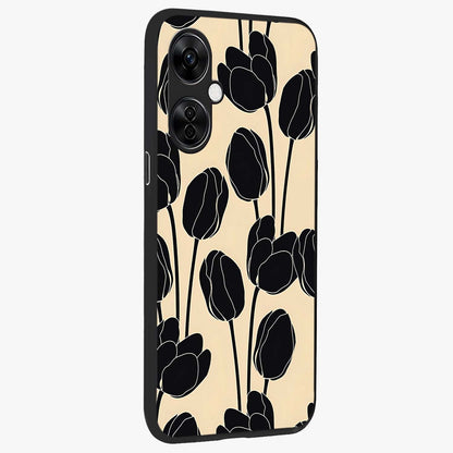 Black Designer Tulip Glass Case for 1+Nord CE 3 Lite side perspective highlighting bold contrast and stylish tulip illustration