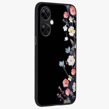 Black Elegance Floral Custom Name Glass Case for 1+Nord CE 3 Lite side perspective highlighting elegant floral detailing and premium edges