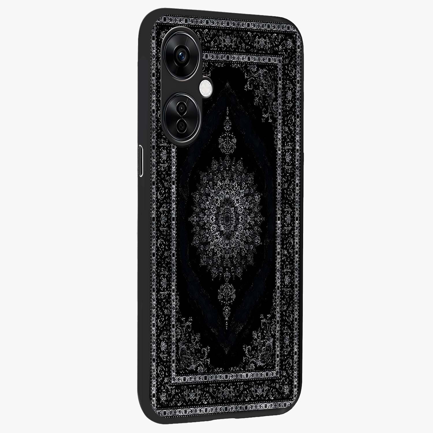 Black Persian Carpet Glass Case for 1+Nord CE 3 Lite side perspective highlighting classic pattern textures and premium build