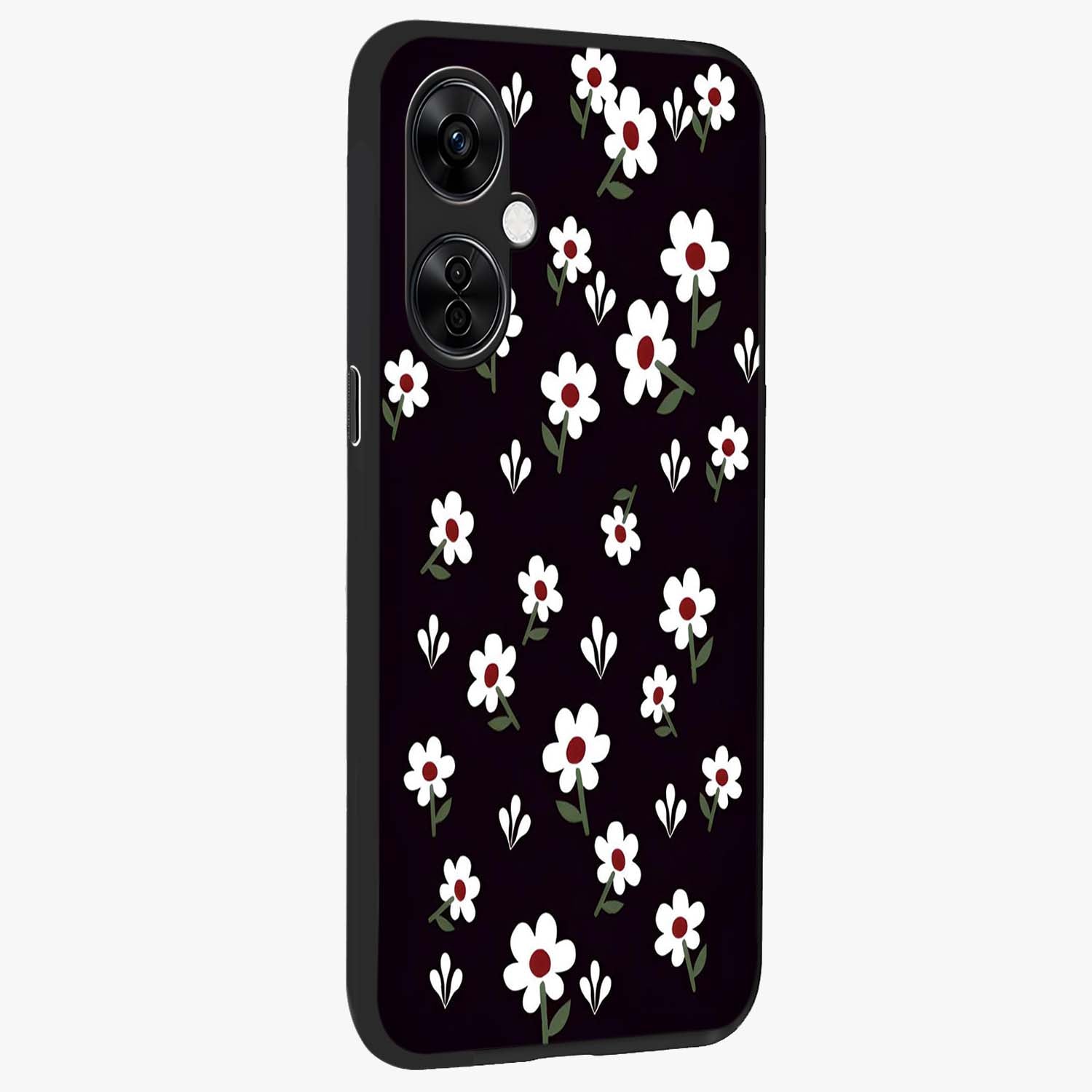 Black Prints Daisy Flower Pattern Glass Case for 1+Nord CE 3 Lite side perspective highlighting delicate daisy details and smooth edges