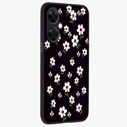 Black Prints Daisy Flower Pattern Glass Case for 1+Nord CE 3 Lite side perspective highlighting delicate daisy details and smooth edges