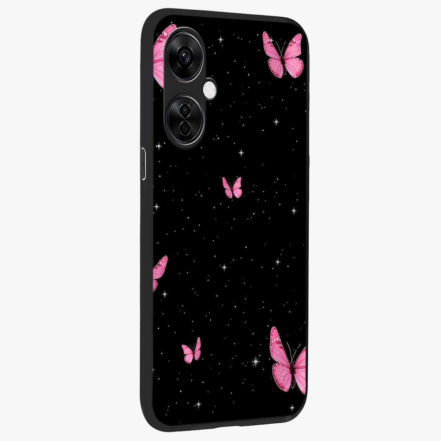 Blinking Butterfly Glass Case for 1+Nord CE 3 Lite displayed upright for graceful aesthetic visibility and premium finish.