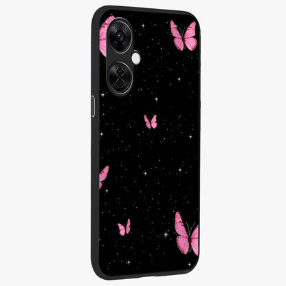 Blinking Butterfly Glass Case for 1+Nord CE 3 Lite displayed upright for graceful aesthetic visibility and premium finish.