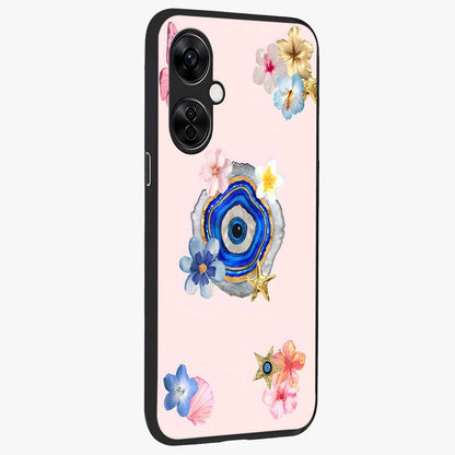 Blossom Evil Charm Glass Case for 1+Nord CE 3 Lite side perspective highlighting delicate blossom detailing and bold symbol contrast