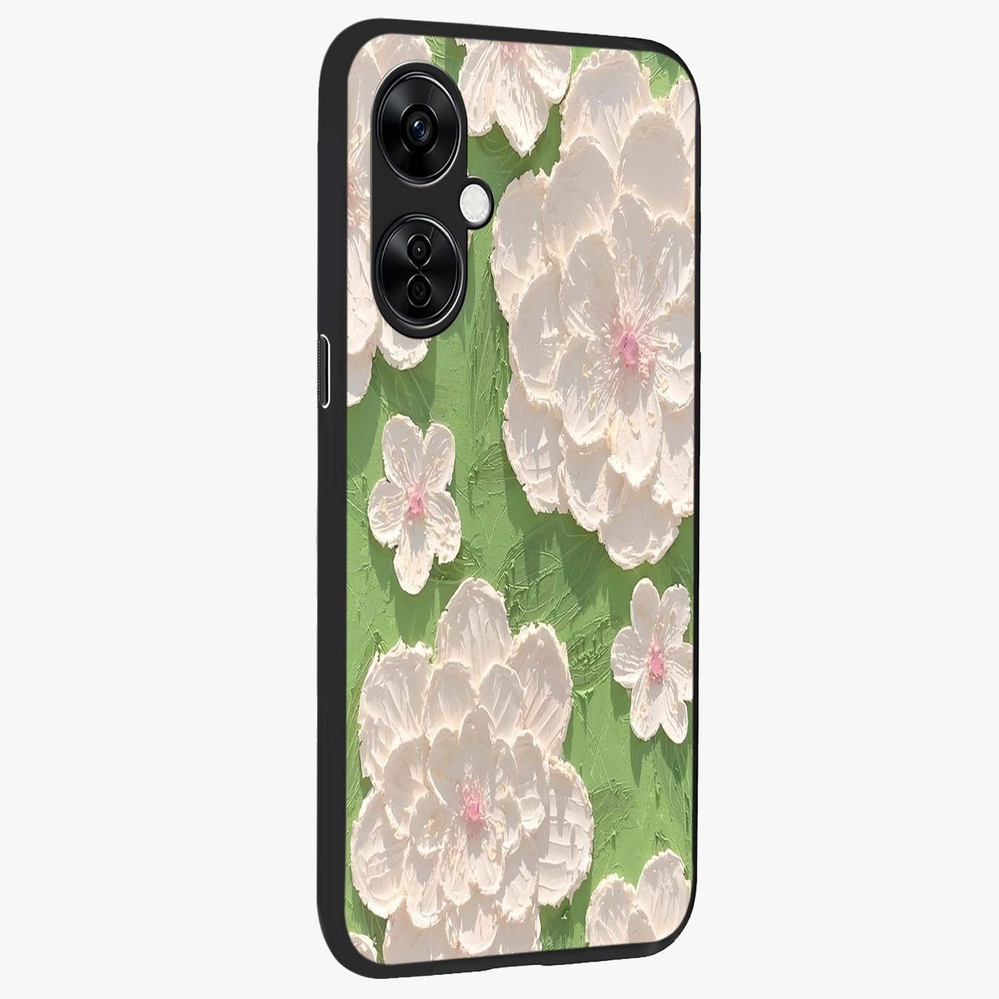 Blossom Meadow Dreams Glass Case for 1+Nord CE 3 Lite side perspective highlighting serene floral design and smooth edges