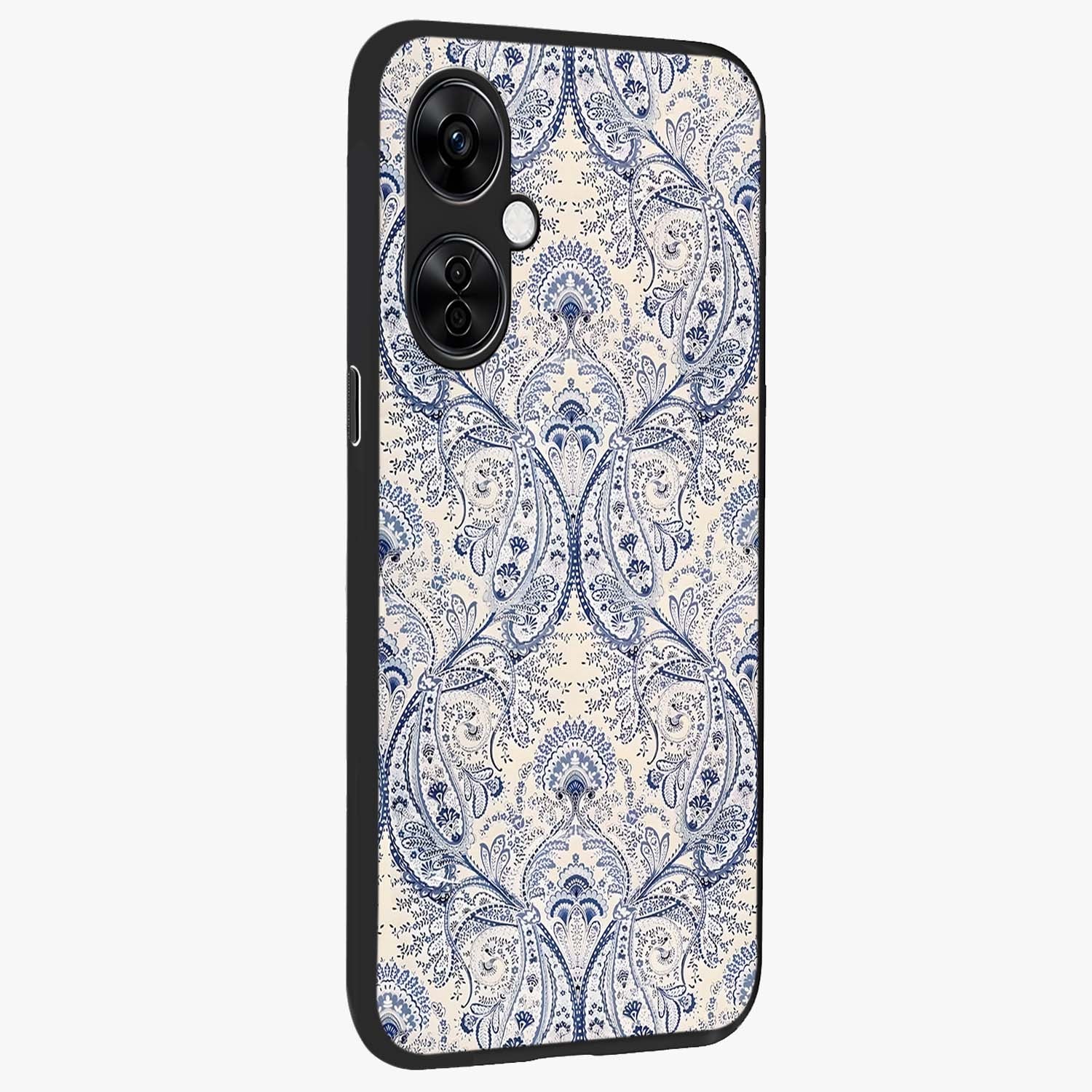 Blue Paisley Bloom Glass Case for 1+Nord CE 3 Lite side perspective highlighting elegant paisley textures and premium build
