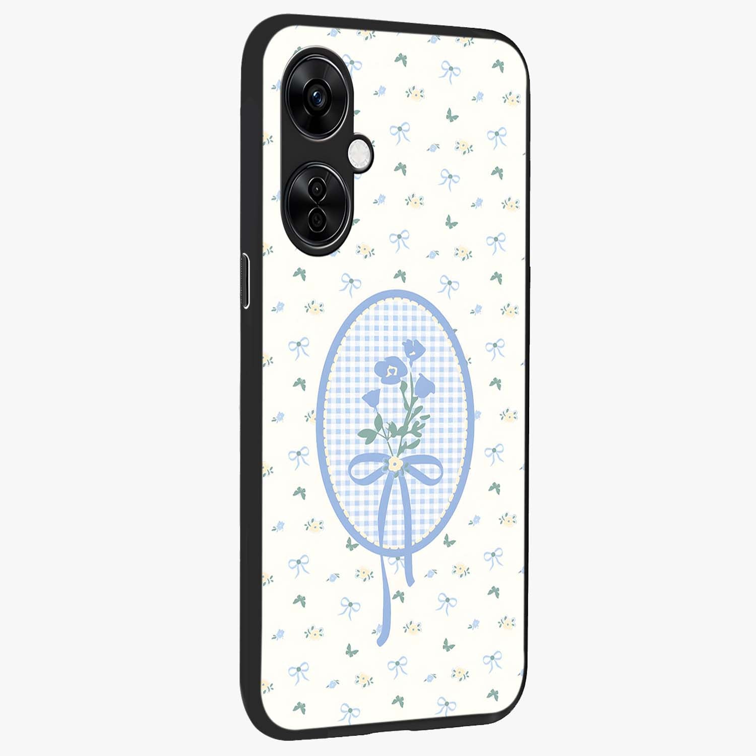 Blue Ribbon Bloom Glass Case for 1+Nord CE 3 Lite side perspective highlighting graceful floral design and premium edges