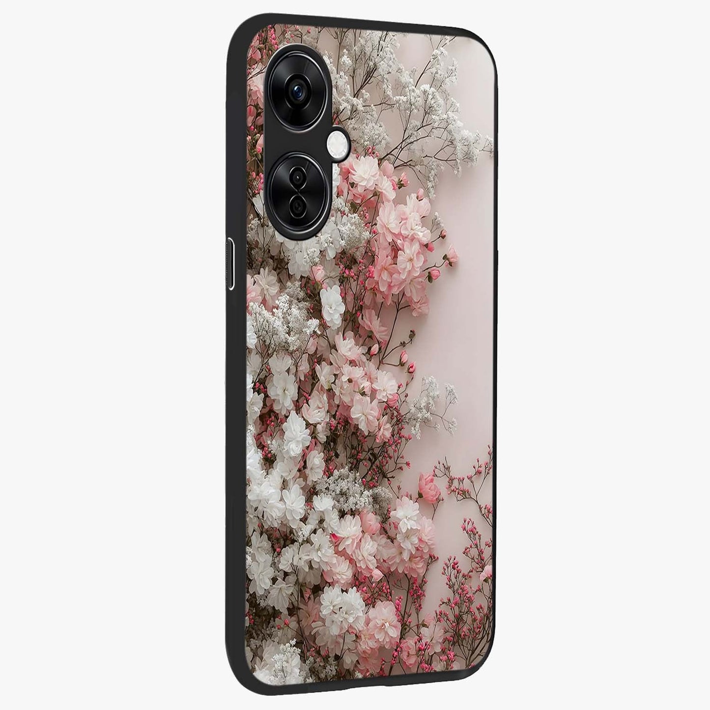 Blush Blossom Cloud Glass Case for 1+Nord CE 3 Lite side perspective highlighting airy blush detailing and premium build