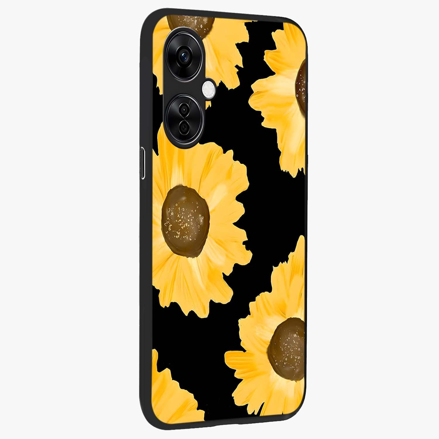 Bold Sunflowers Glow Glass Case for 1+Nord CE 3 Lite side perspective highlighting rich yellow hues and premium edge finish