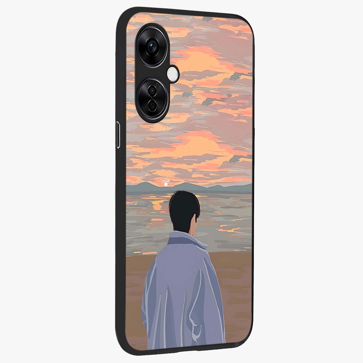 Boy Facing Sunset Beach Glass Case for 1+Nord CE 3 Lite side perspective highlighting calming sunset gradients and smooth edges