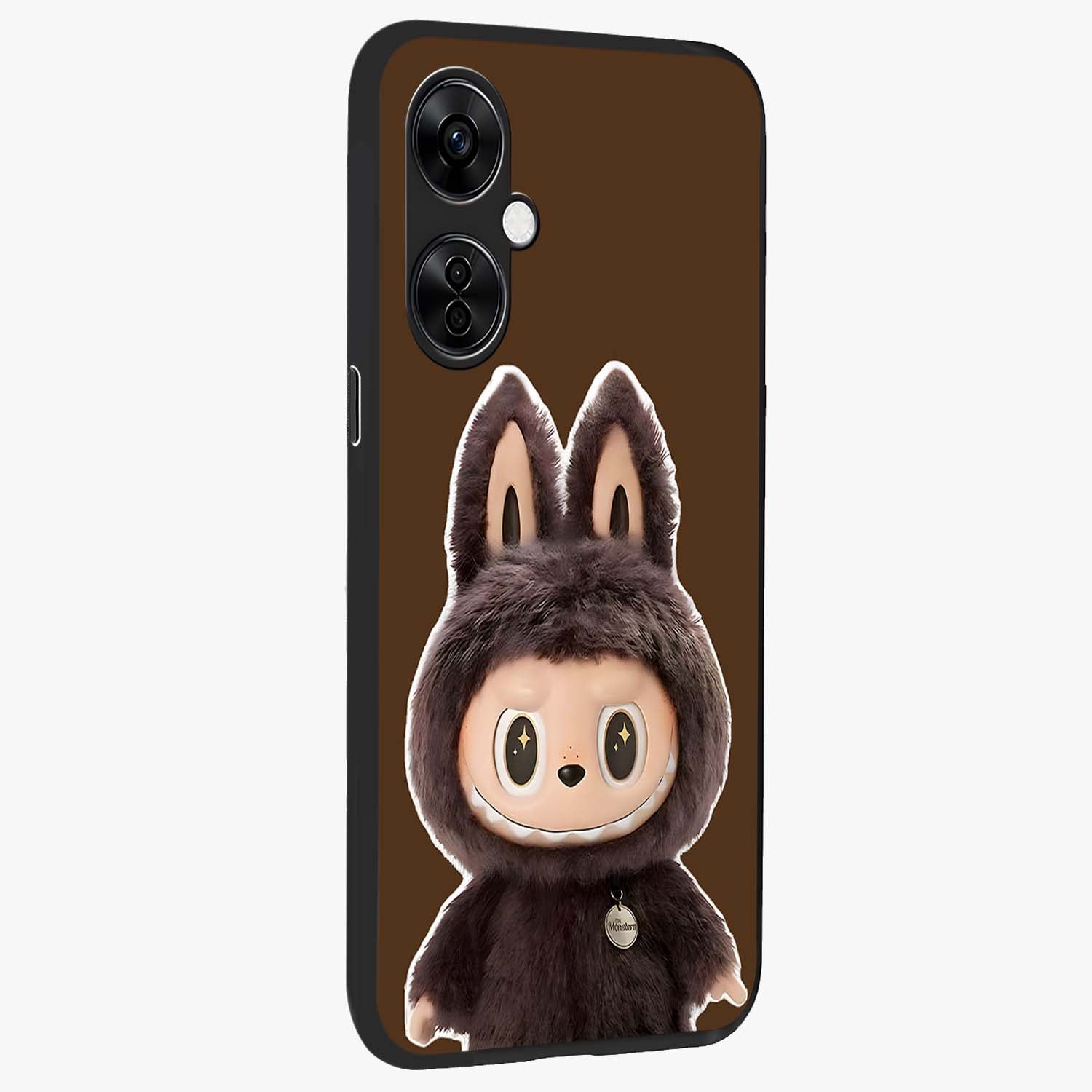 Brown Labubu Design Glass Case for 1+Nord Ce 3 Lite side perspective highlighting charming character detailing and smooth edges