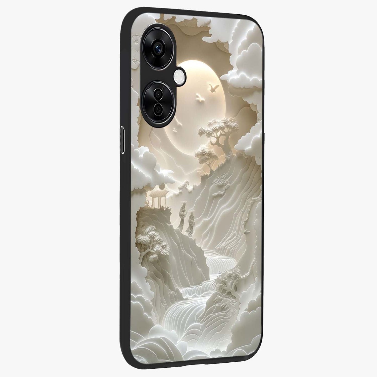Celestial Origami Glass Case for 1+Nord CE 3 Lite side perspective highlighting sharp detailing and smooth premium build