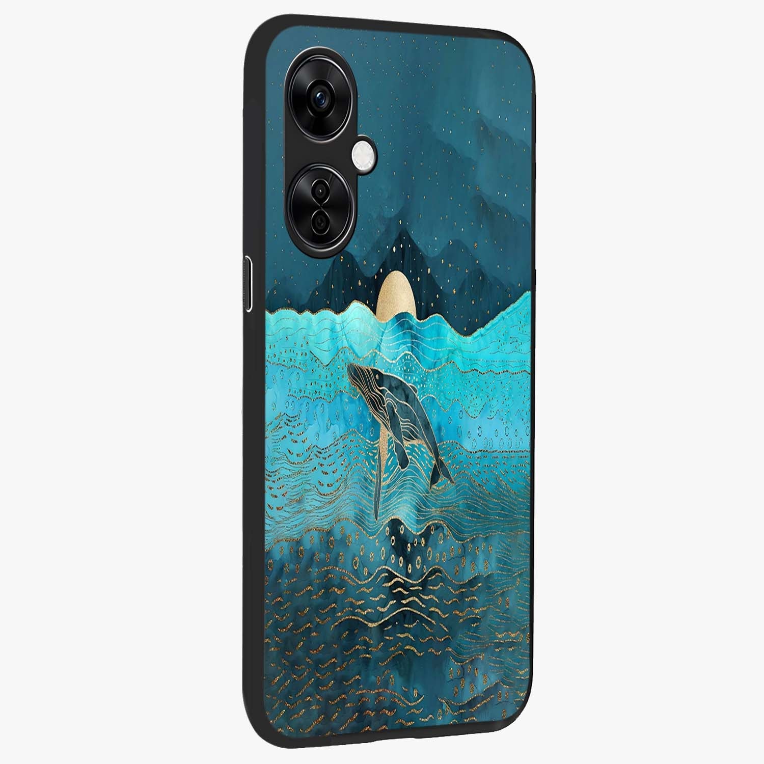 Celestial Whale Voyage Glass Case for 1+Nord CE 3 Lite side perspective highlighting flowing whale illustration and premium detailing