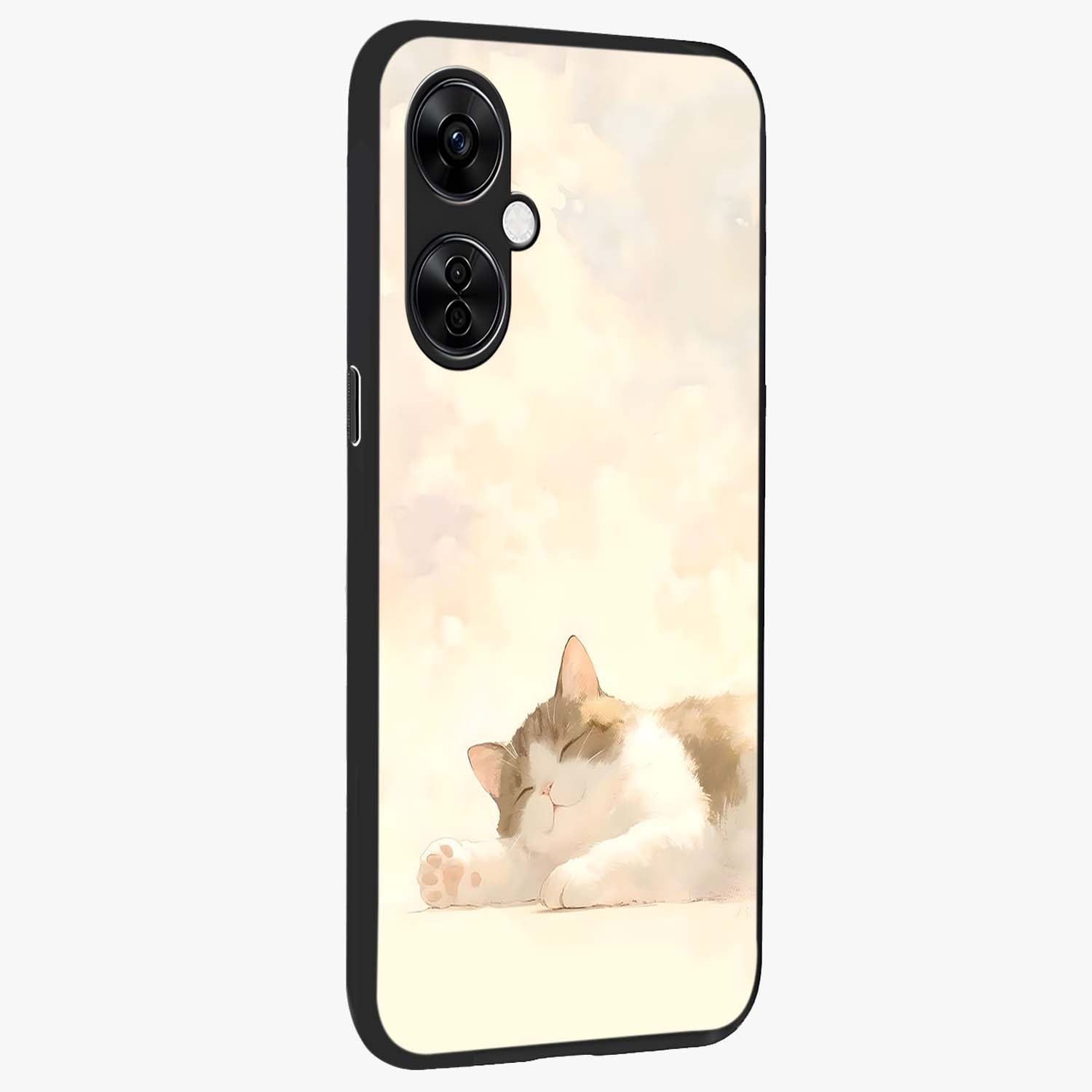 Cloud Nap Cat Glass Case for 1+Nord CE 3 Lite side perspective highlighting charming feline details and premium edge finish