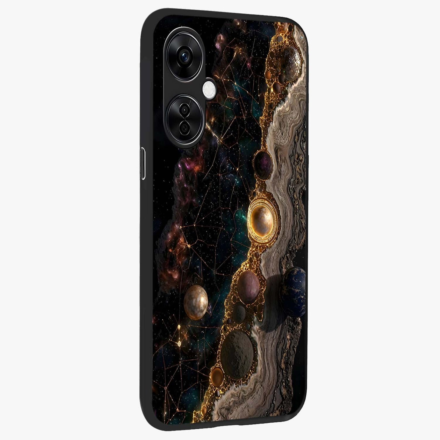 Cosmic Gold Path Glass Case for 1+Nord CE 3 Lite side perspective highlighting premium metallic detailing and sleek edges