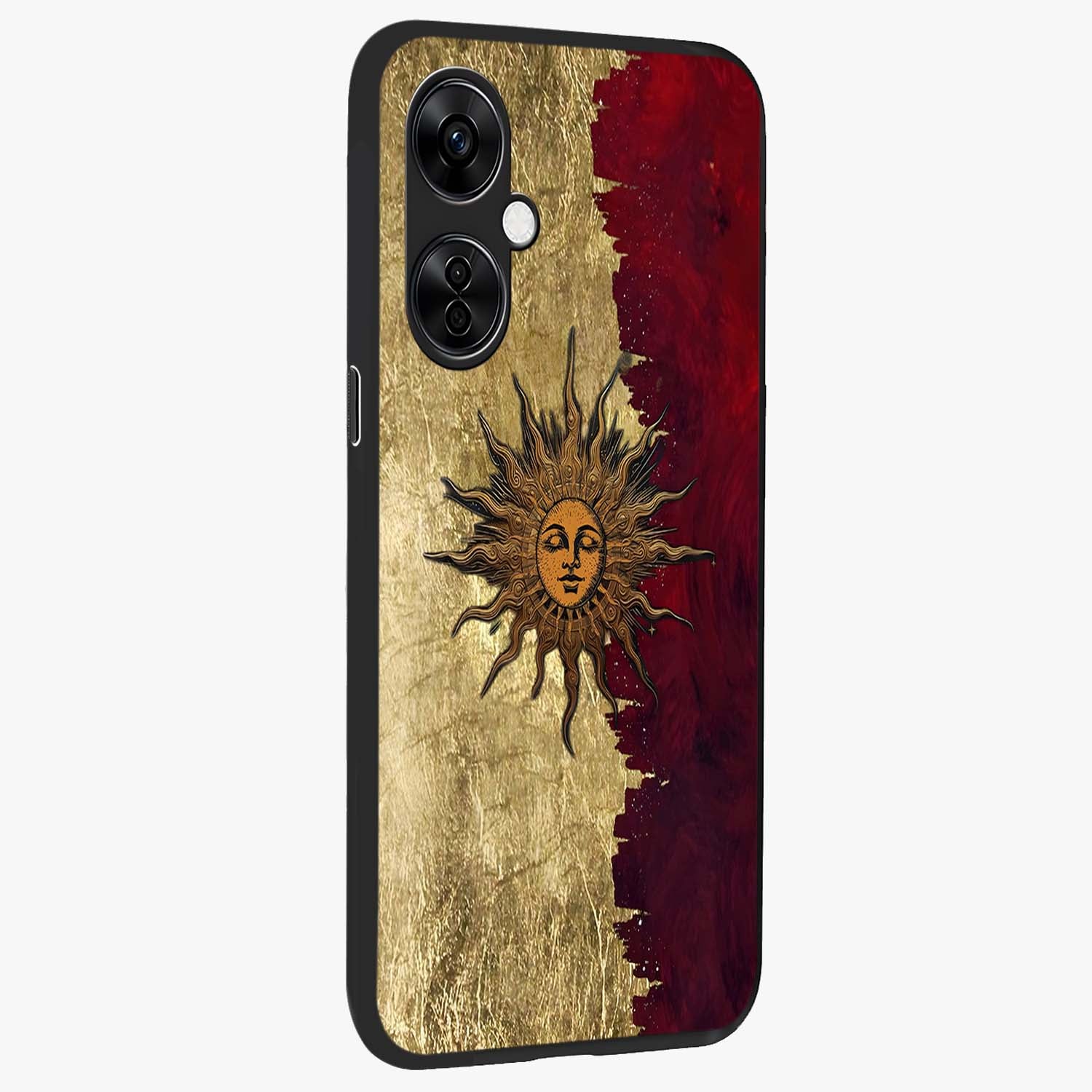 Crimson Sun Majesty Glass Case for 1+Nord CE 3 Lite side perspective highlighting vibrant sun detailing and smooth edges