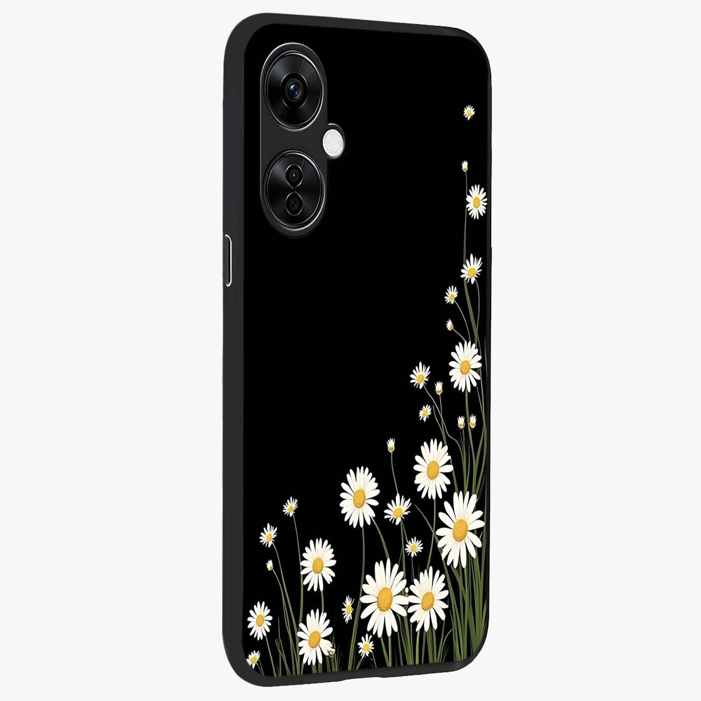 Daisy Cascade on Black Glass Case for 1+Nord CE 3 Lite side perspective highlighting delicate daisy detailing and smooth edges