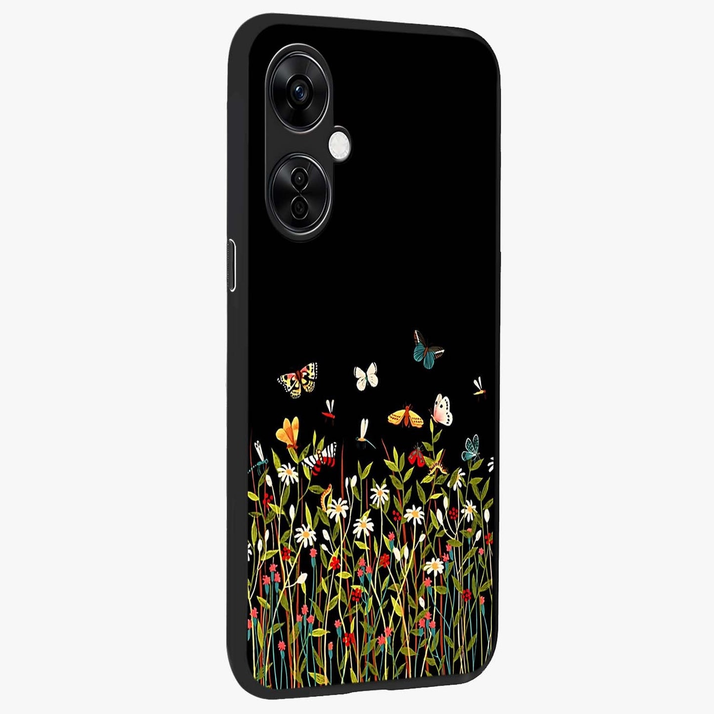 Dark Bloom Wonderland Custom Name Glass Case for 1+Nord CE 3 Lite side perspective highlighting custom typography detailing and smooth edges