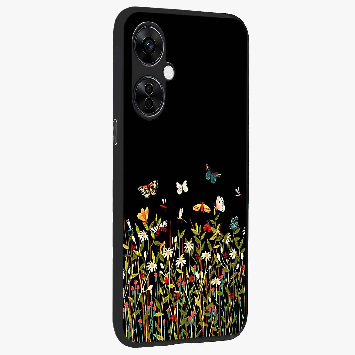 Dark Bloom Wonderland Custom Name Glass Case for 1+Nord CE 3 Lite side perspective highlighting custom typography detailing and smooth edges