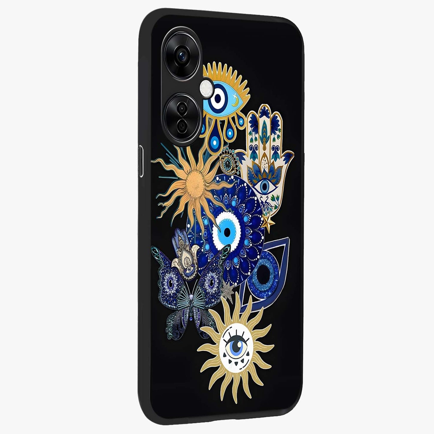 Evil Eye Charm Vibes Glass Case for 1+Nord Ce 3 Lite side perspective highlighting vibrant textures and premium edge finish