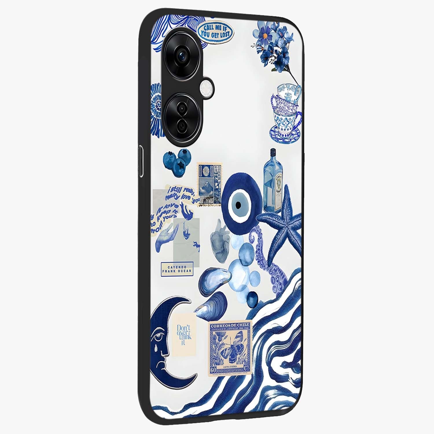 Evil Eyes Dark Blue Glass Case for 1+Nord Ce 3 Lite side perspective highlighting intense blue detailing and premium build