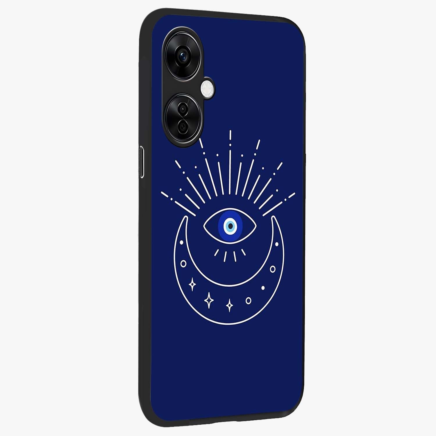 Evil Eye With Blue Themed Collage Glass Case for 1+Nord Ce 3 Lite side perspective highlighting bold collage detailing and smooth edges
