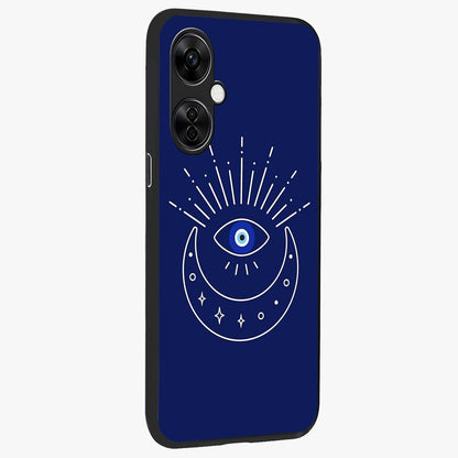 Evil Eye With Blue Themed Collage Glass Case for 1+Nord Ce 3 Lite side perspective highlighting bold collage detailing and smooth edges