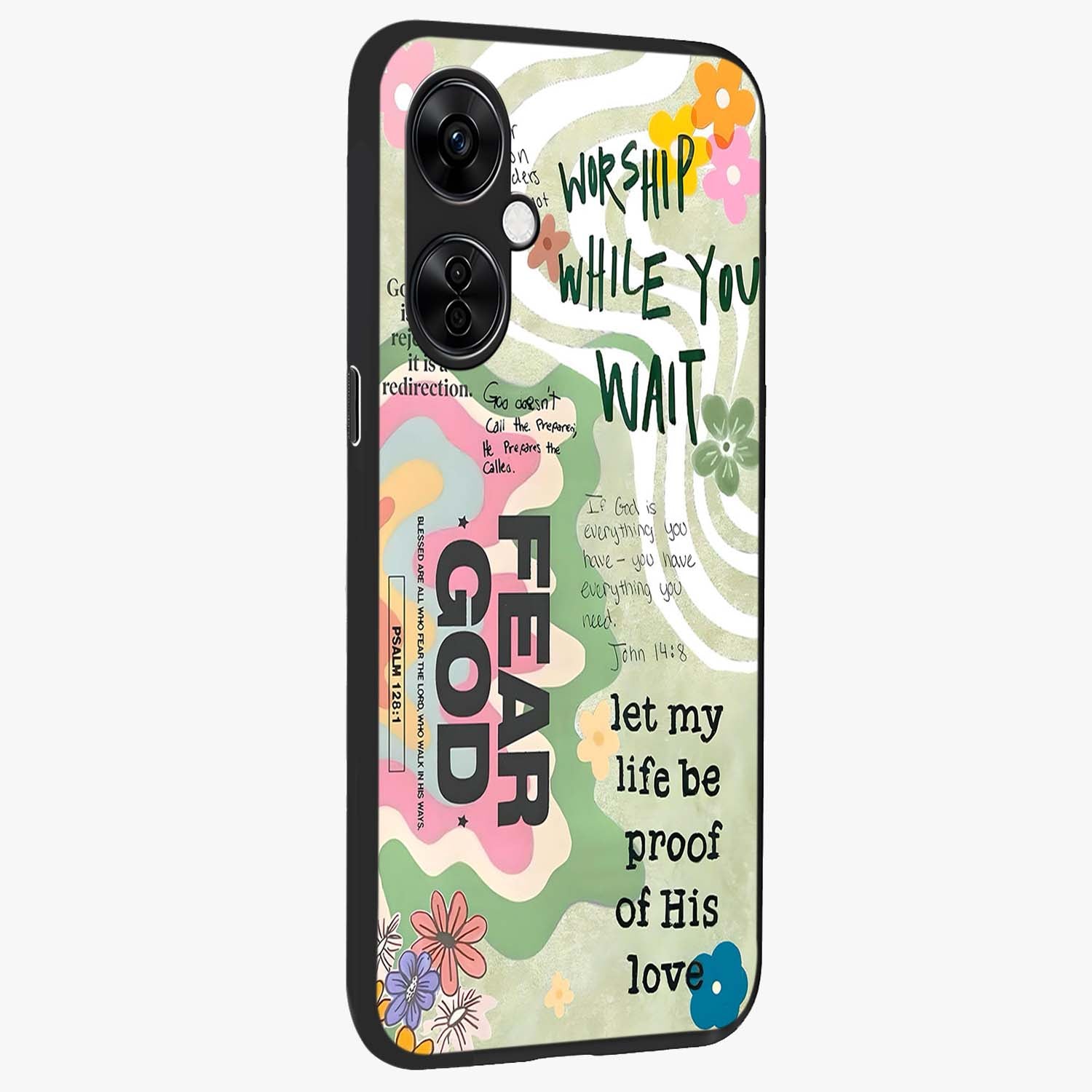 Faith Over Fear Glass Case for 1+Nord CE 3 Lite side perspective highlighting powerful text detailing and premium edges