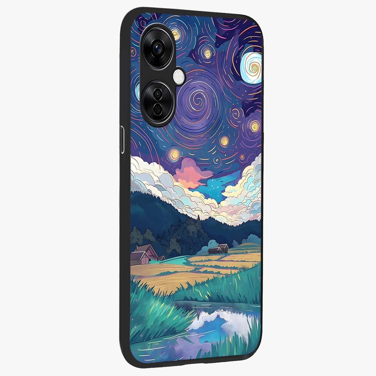 Fields Beneath the Cosmos Glass Case for 1+Nord CE 3 Lite side perspective highlighting serene landscape textures and premium edges
