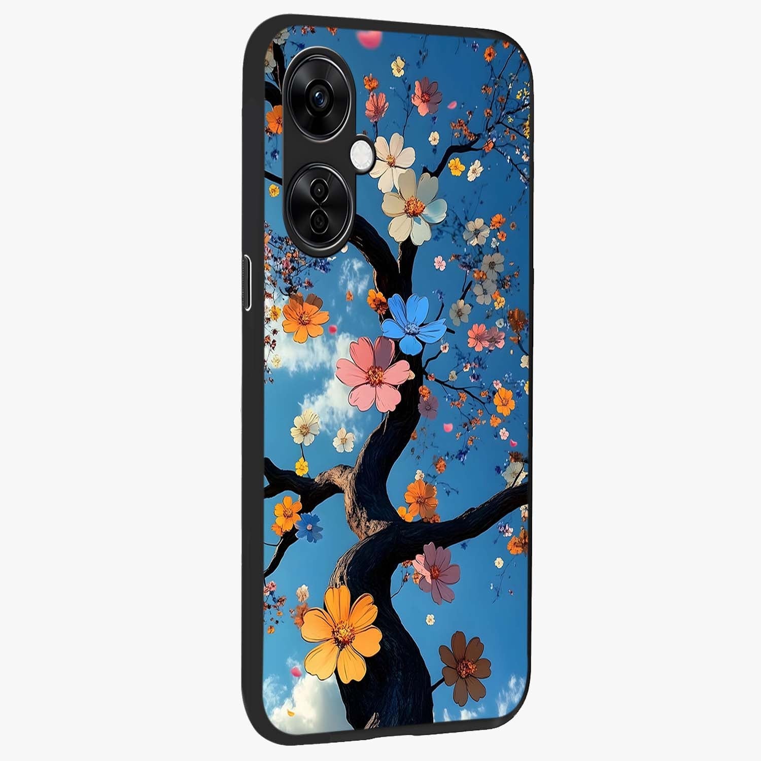 Floral Tree Glass Case for 1+Nord CE 3 Lite side perspective highlighting vibrant floral patterns and sleek edges