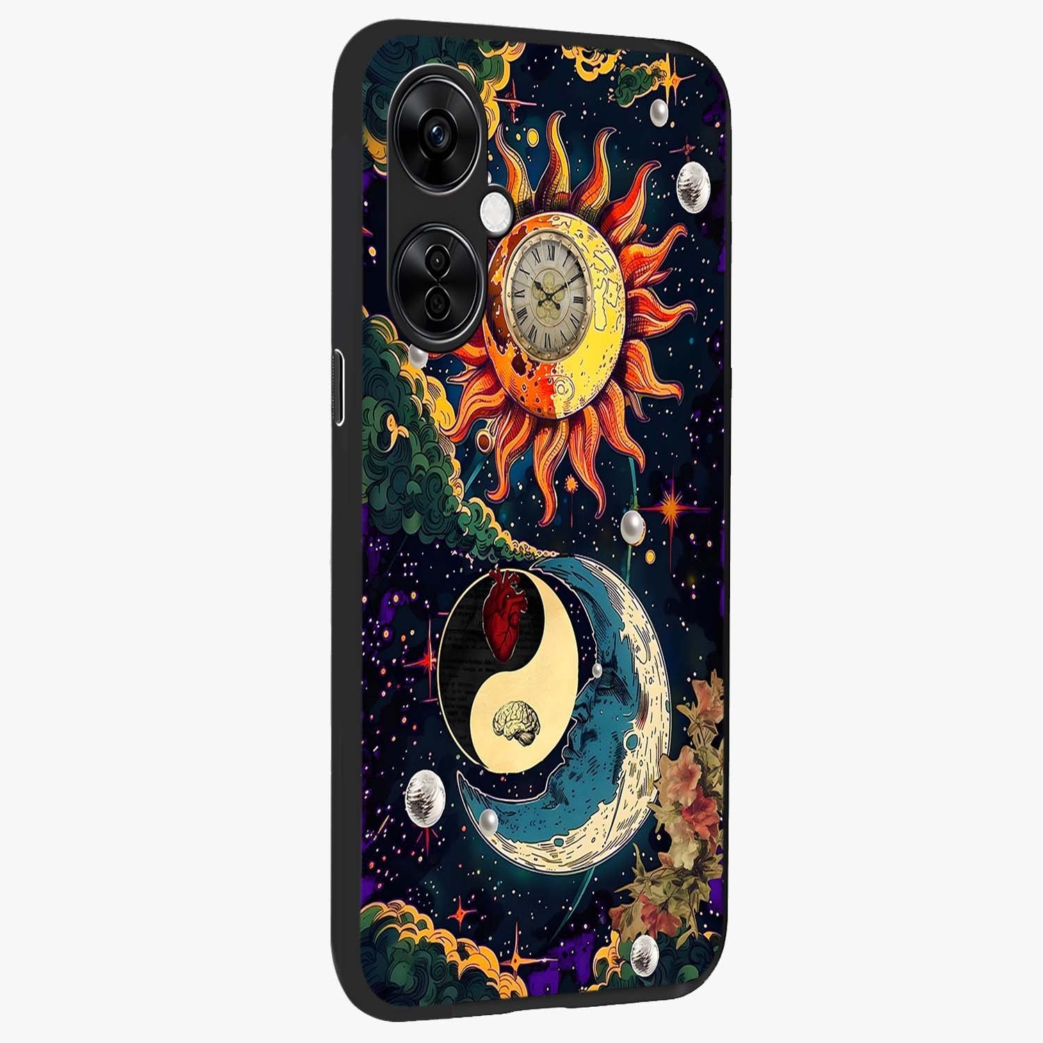 Future Universe Glass Case for 1+Nord CE 3 Lite side perspective highlighting dynamic galaxy textures and premium edges