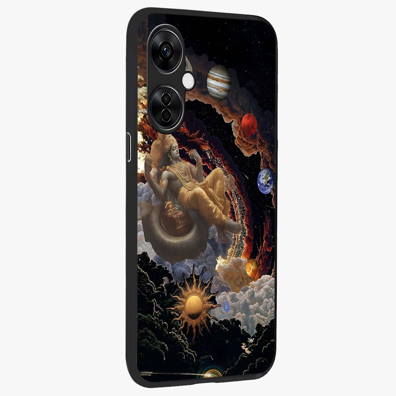 Galactic Divine God Glass Case for 1+Nord CE 3 Lite side perspective highlighting intricate divine detailing and premium edge finish