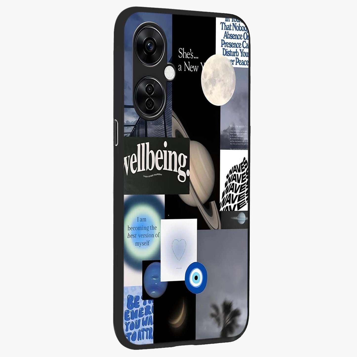 Galactic Energy Collage Glass Case for 1+Nord CE 3 Lite side perspective highlighting bold abstract detailing and sleek build