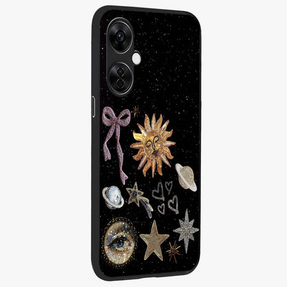 Galactic Sun Charm Glass Case for 1+Nord CE 3 Lite side perspective highlighting glowing sun detailing and premium edge finish