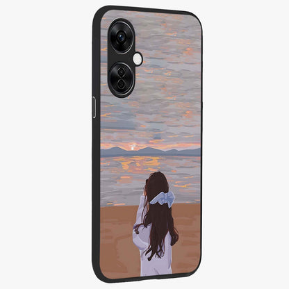 Girl Facing Sunset Beach Glass Case for 1+Nord CE 3 Lite side perspective highlighting calming sunset gradients and smooth edges