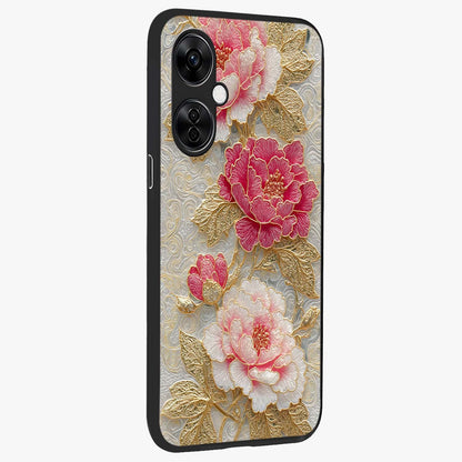 Golden Blossom Elegance Glass Case for 1+Nord CE 3 Lite side perspective highlighting delicate floral textures and sleek build
