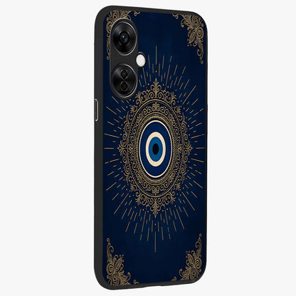 Golden Evil Eye Mandala Glass Case for 1+Nord Ce 3 Lite side perspective highlighting rich textures and sleek premium build