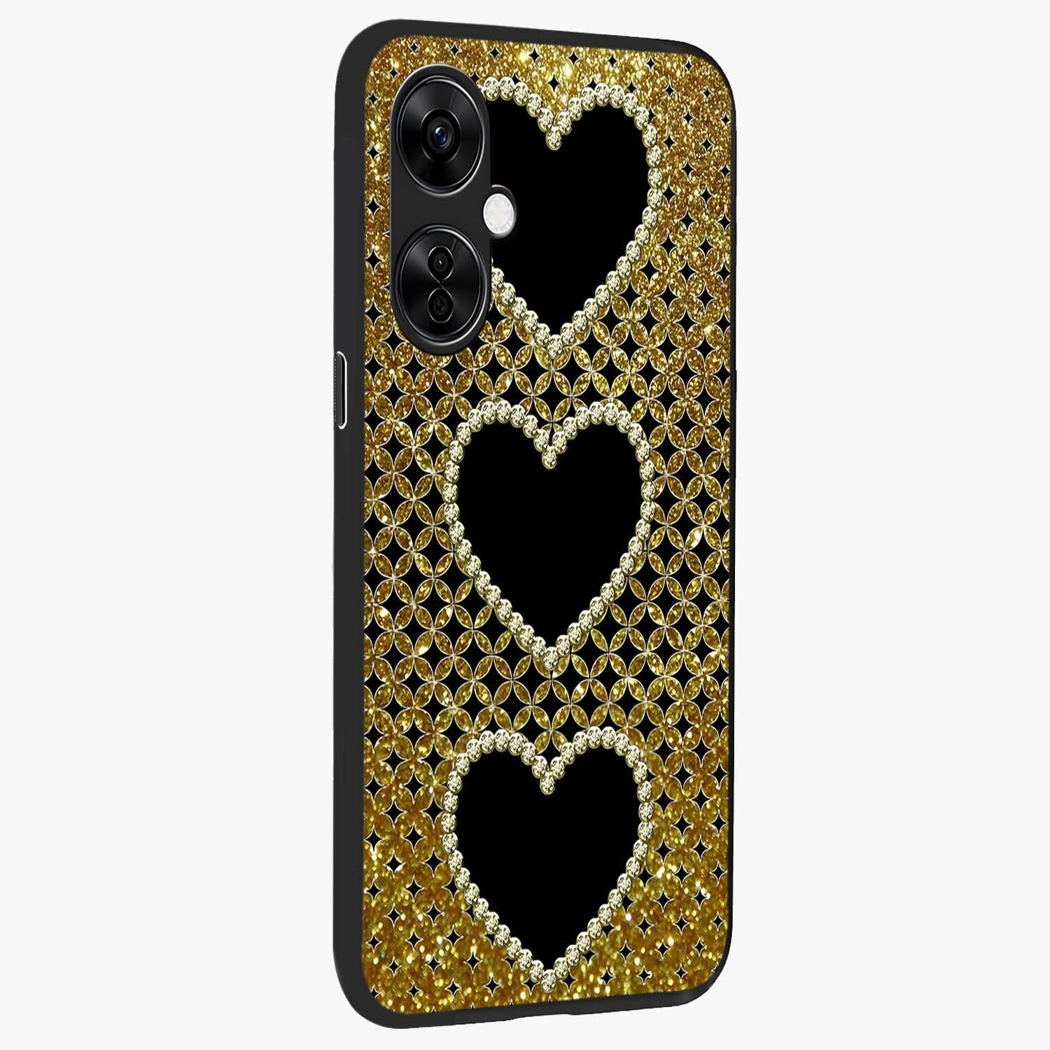 Golden Heart Glow Glass Case for 1+Nord CE 3 Lite side perspective highlighting smooth heart detailing and premium edges