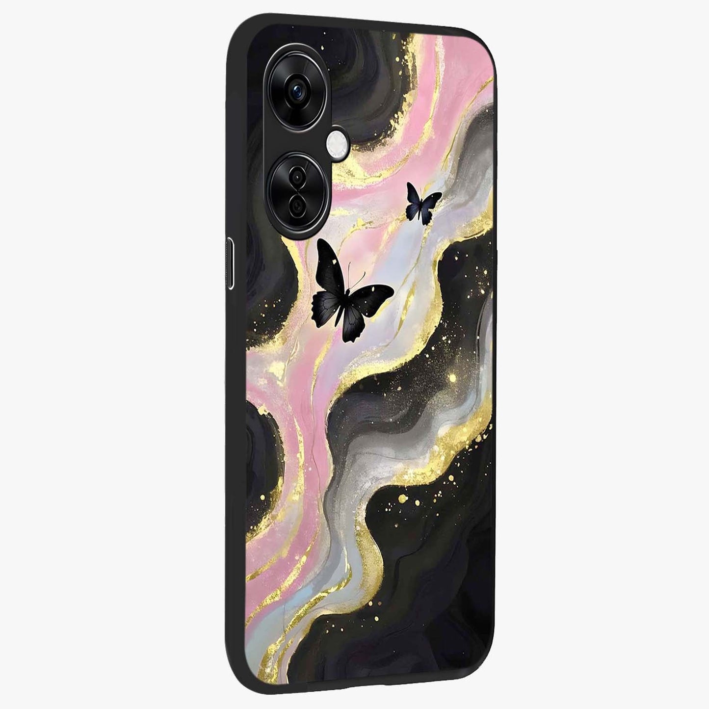 Golden Mist Butterflies Glass Case for 1+Nord CE 3 Lite side perspective highlighting delicate wing textures and premium edges