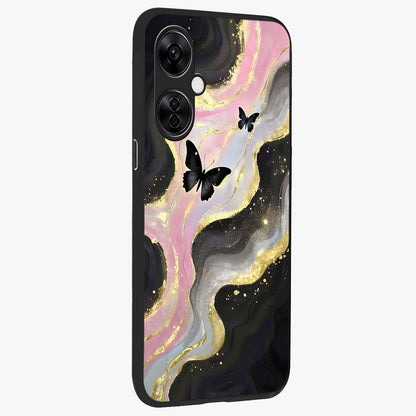 Golden Mist Butterflies Glass Case for 1+Nord CE 3 Lite side perspective highlighting delicate wing textures and premium edges