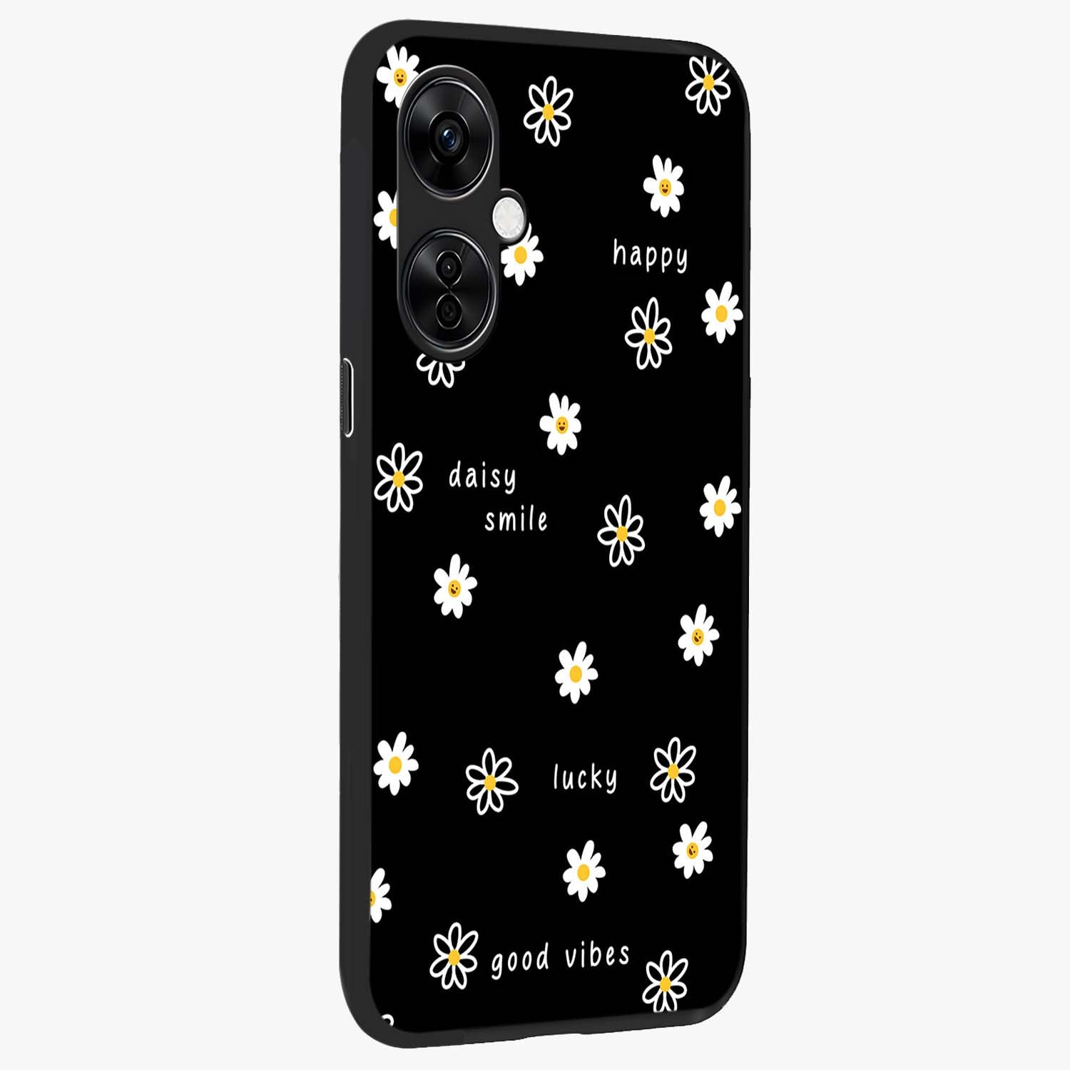 Good Vibes Daisy Black Pattern Glass Case for 1+Nord CE 3 Lite side perspective highlighting playful daisy detailing and smooth edges