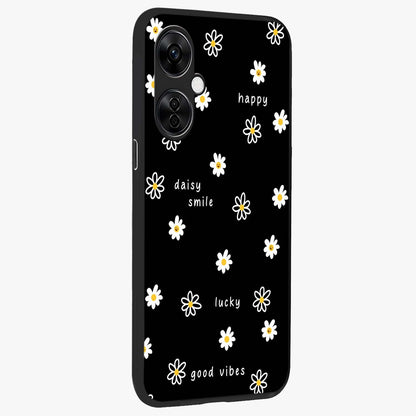 Good Vibes Daisy Black Pattern Glass Case for 1+Nord CE 3 Lite side perspective highlighting playful daisy detailing and smooth edges
