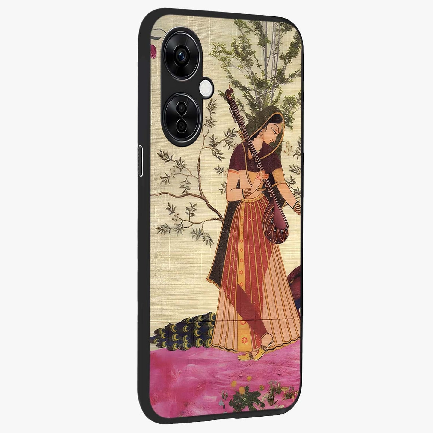 Lady With Veena Art Glass Case for 1+Nord CE 3 Lite side perspective highlighting graceful illustration textures and sleek build