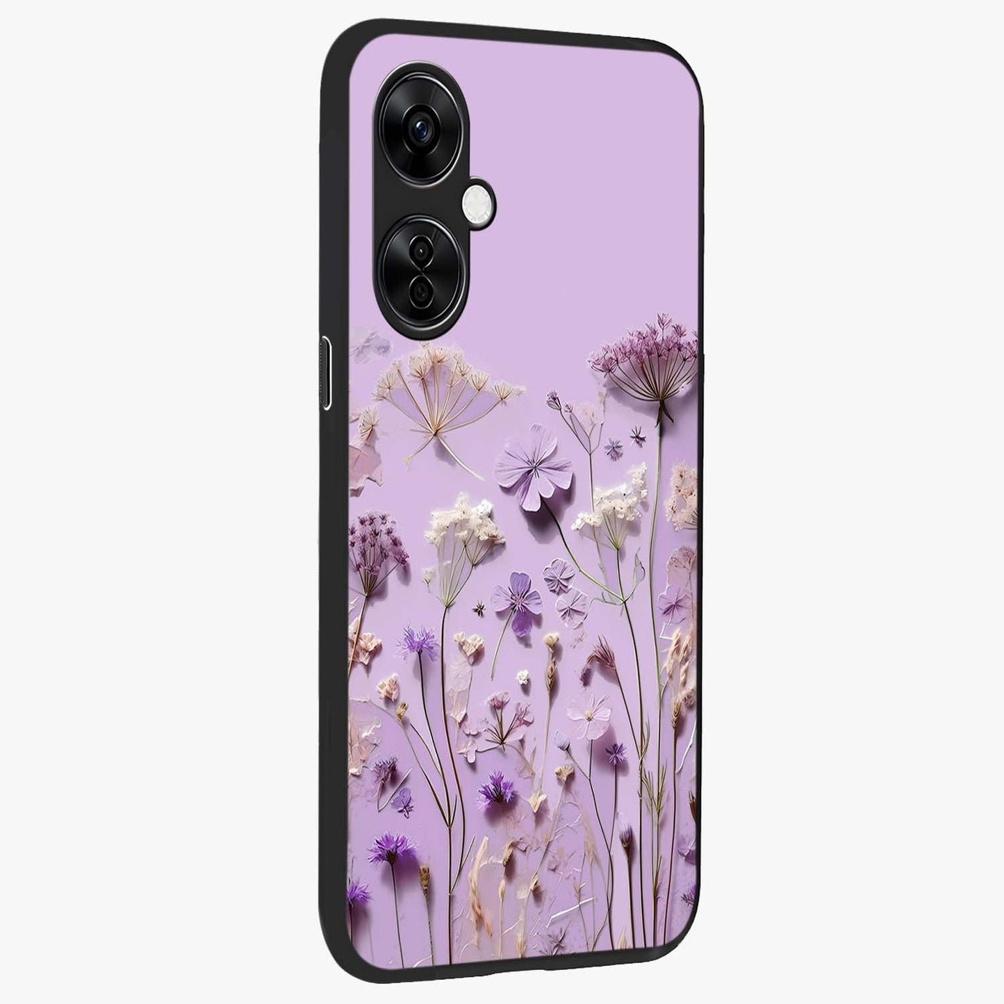 Lavender Blossom Dream Glass Case for 1+Nord CE 3 Lite side perspective highlighting gentle bloom detailing and premium edges