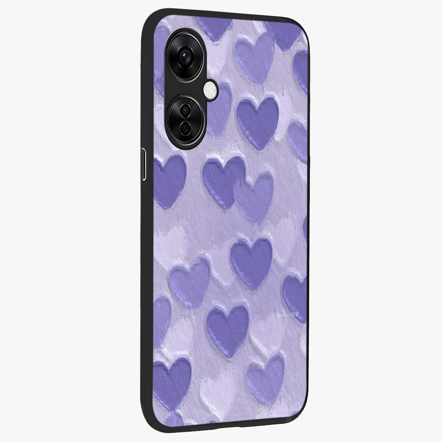 Lavender Paper Hearts Glass Case for 1+Nord CE 3 Lite side perspective highlighting delicate heart textures and sleek build