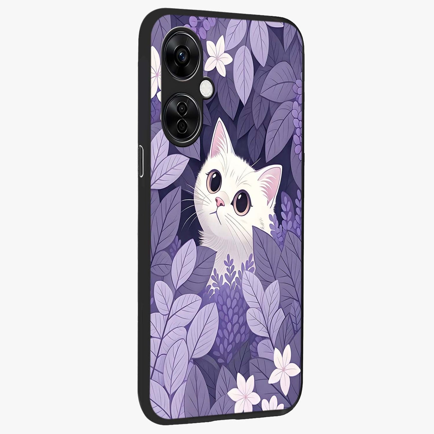Lilac Hide Peek Cat Glass Case for 1+Nord CE 3 Lite side perspective highlighting charming feline textures and smooth edges