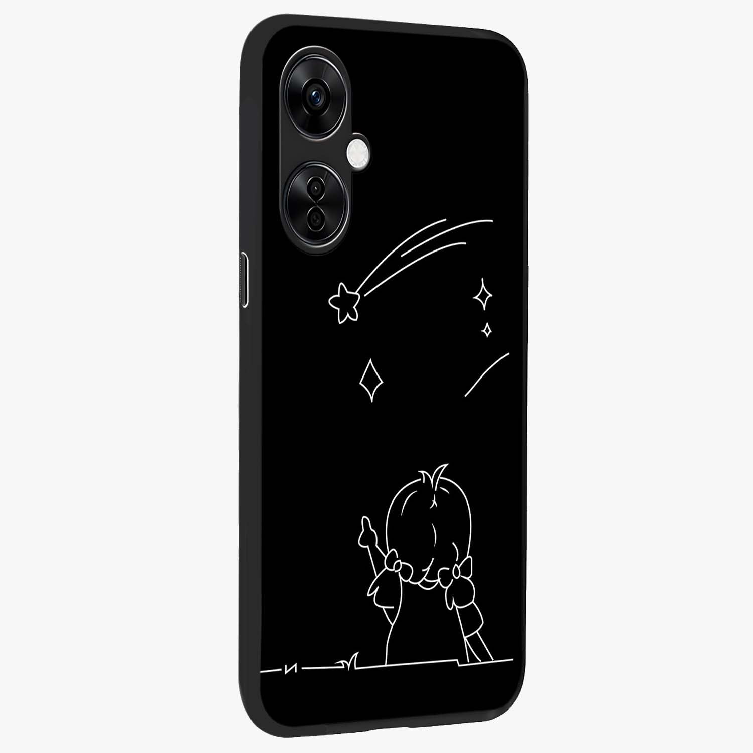 Line Art Girl With Shooting Stars Glass Case for 1+Nord Ce 3 Lite side perspective highlighting subtle star textures and premium build